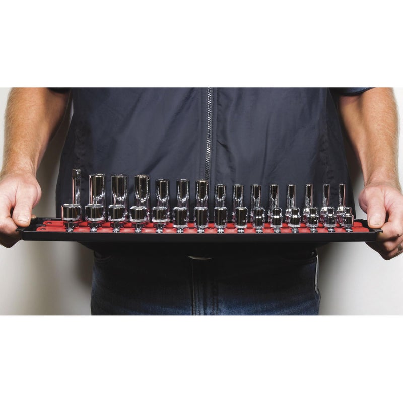 Ernst Manufacturing 18-Inch Socket Boss 2-Rail 1/2-Inch-Drive Socket Organizer with Twist Lock Secure Hold and Toolbox Drawer Tray, Red - Made in USA - Image 3